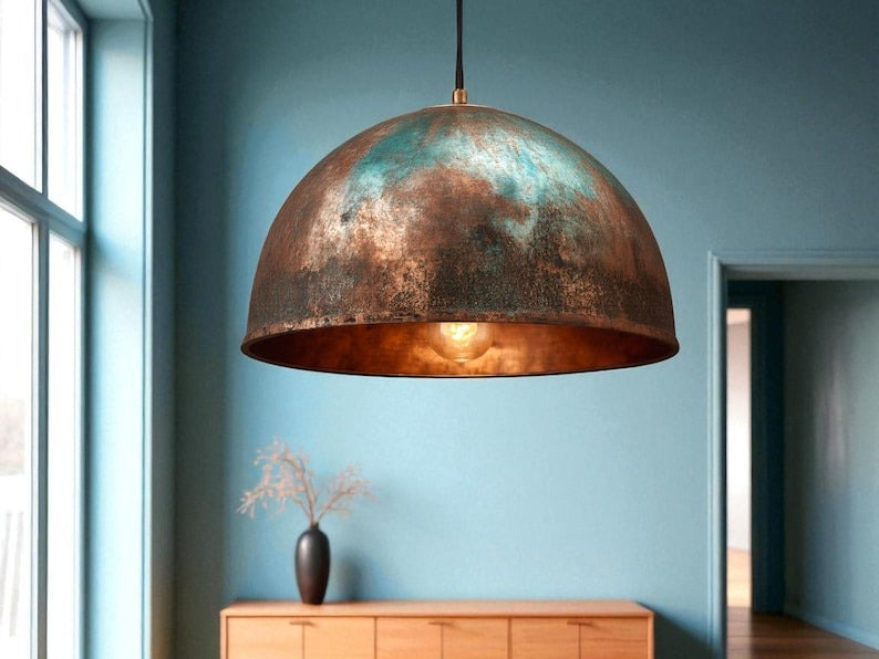 Moroccan Brass Copper and Turquoise Patina Dome Pendant Light, Handmade Brass Rustic Hanging Lamp, Boho Coastal Kitchen Island Chandelier, Antique Brass Ceiling Light Fixture