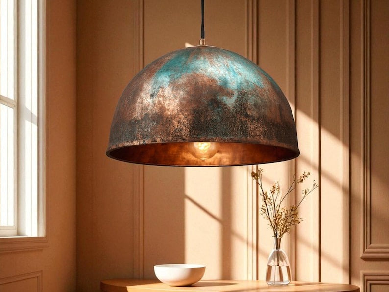 Moroccan Brass Copper and Turquoise Patina Dome Pendant Light, Handmade Brass Rustic Hanging Lamp, Boho Coastal Kitchen Island Chandelier, Antique Brass Ceiling Light Fixture