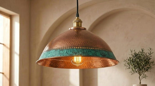 Handmade Brass Moroccan Dome Pendant Light – Copper Hammered Brass Hanging Lamp with Verdigris Green Patina Band, Rustic Kitchen Island Ceiling Fixture