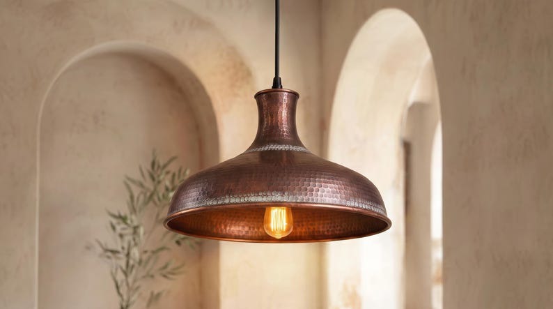 Handmade Moroccan Brass Pendant Light – Large Hammered Dome Ceiling Lamp with Antique Copper Finish, Wide Flared Shade & Warm Industrial Downlight