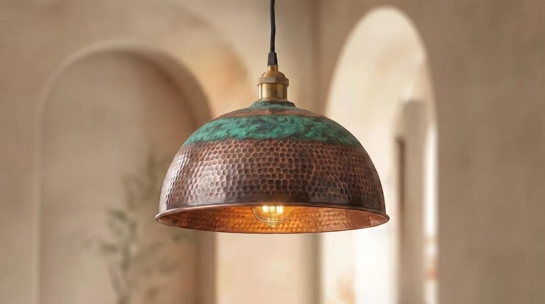 Handmade Moroccan Brass Pendant Light – Hammered Dome Ceiling Lamp with Verdigris Green Patina, Antique Copper Finish & Warm Downlight