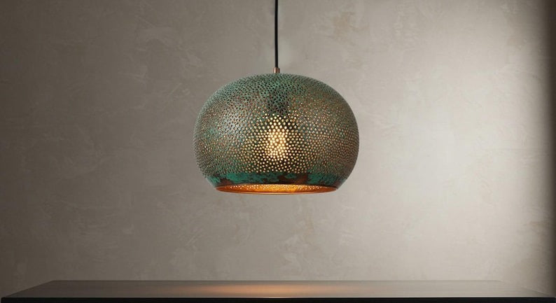 Handmade Moroccan Brass Pendant Light – Green Verdigris Pierced Globe Lamp with Gold Interior, Bohemian Ceiling Fixture