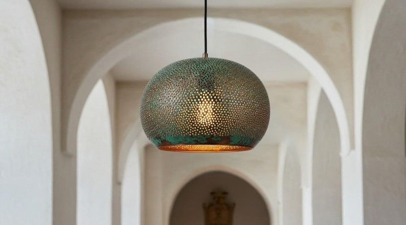 Handmade Moroccan Brass Pendant Light – Green Verdigris Pierced Globe Lamp with Gold Interior, Bohemian Ceiling Fixture