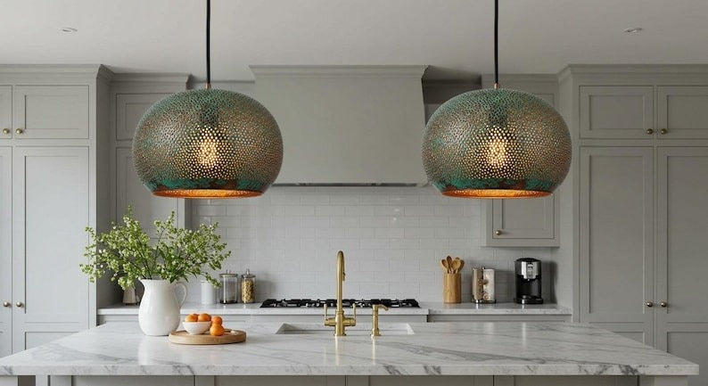 Handmade Moroccan Brass Pendant Light – Green Verdigris Pierced Globe Lamp with Gold Interior, Bohemian Ceiling Fixture