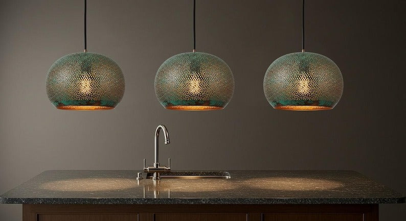 Handmade Moroccan Brass Pendant Light – Green Verdigris Pierced Globe Lamp with Gold Interior, Bohemian Ceiling Fixture