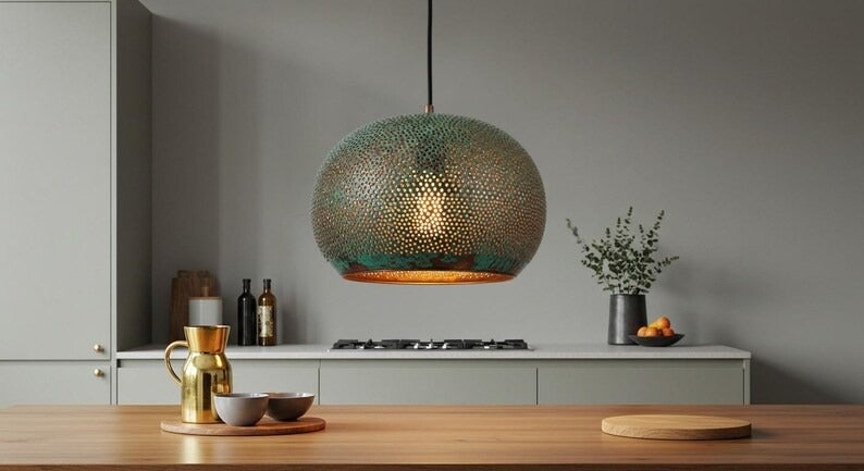 Handmade Moroccan Brass Pendant Light – Green Verdigris Pierced Globe Lamp with Gold Interior, Bohemian Ceiling Fixture