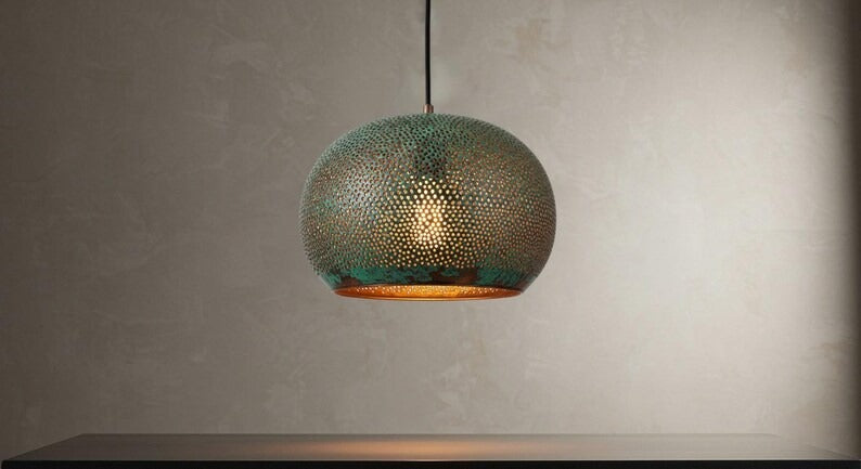 Handmade Moroccan Brass Pendant Light – Green Verdigris Pierced Globe Lamp with Gold Interior, Bohemian Ceiling Fixture