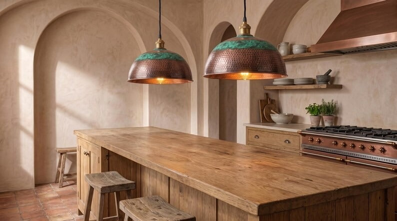 Handmade Moroccan Brass Pendant Light – Hammered Dome Ceiling Lamp with Verdigris Green Patina, Antique Copper Finish & Warm Downlight