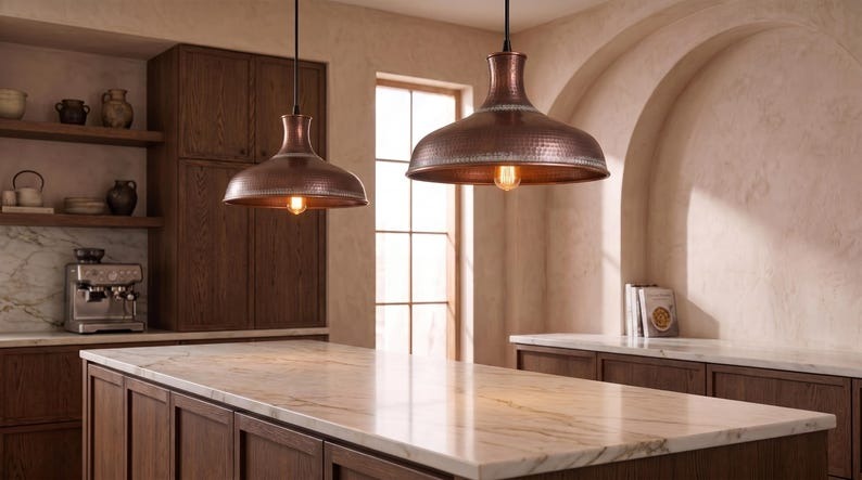 Handmade Moroccan Brass Pendant Light – Large Hammered Dome Ceiling Lamp with Antique Copper Finish, Wide Flared Shade & Warm Industrial Downlight