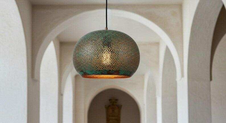 Handmade Moroccan Brass Pendant Light – Green Verdigris Pierced Globe Lamp with Gold Interior, Bohemian Ceiling Fixture
