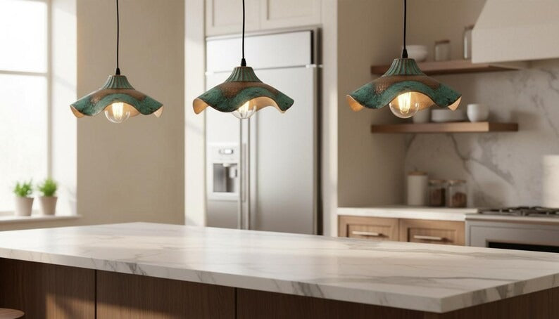 Handmade Moroccan Brass Pendant Light – Wavy Flower-Shaped Verdigris Ceiling Lamp with Hammered Copper Details