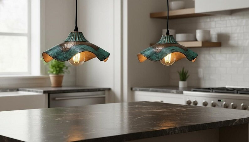 Handmade Moroccan Brass Pendant Light – Wavy Flower-Shaped Verdigris Ceiling Lamp with Hammered Copper Details