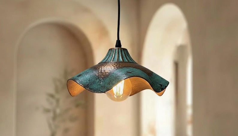Handmade Moroccan Brass Pendant Light – Wavy Flower-Shaped Verdigris Ceiling Lamp with Hammered Copper Details