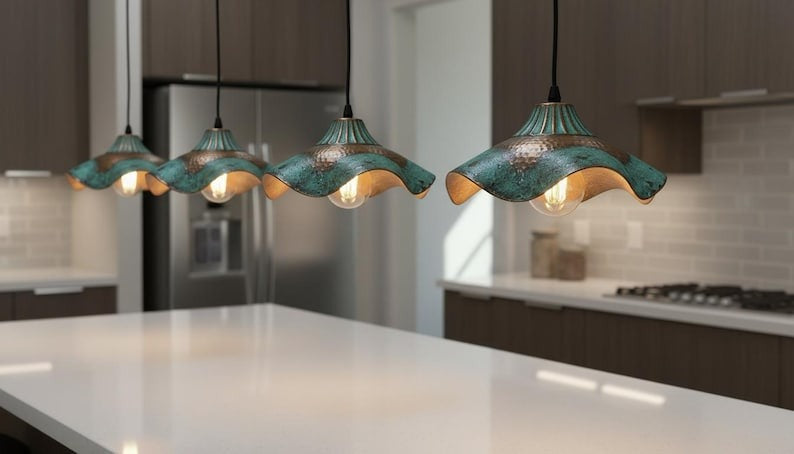 Handmade Moroccan Brass Pendant Light – Wavy Flower-Shaped Verdigris Ceiling Lamp with Hammered Copper Details