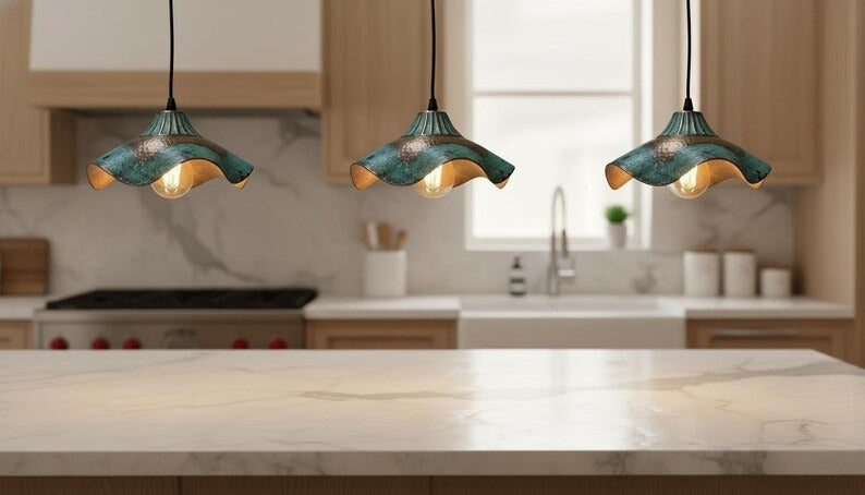 Handmade Moroccan Brass Pendant Light – Wavy Flower-Shaped Verdigris Ceiling Lamp with Hammered Copper Details