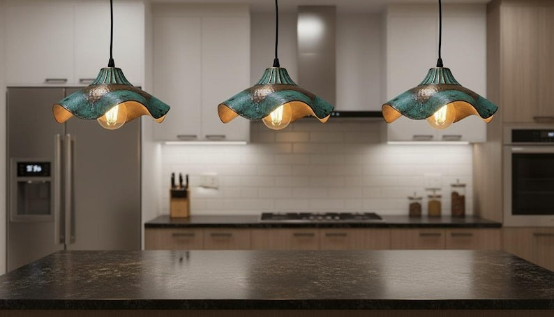 Handmade Moroccan Brass Pendant Light – Wavy Flower-Shaped Verdigris Ceiling Lamp with Hammered Copper Details