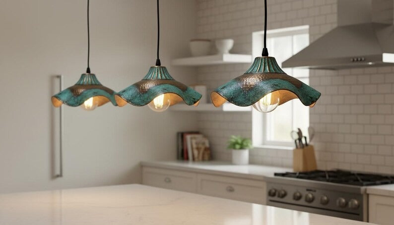 Handmade Moroccan Brass Pendant Light – Wavy Flower-Shaped Verdigris Ceiling Lamp with Hammered Copper Details