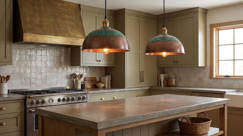 Handmade Moroccan Brass Pendant Light – Hammered Dome Ceiling Lamp with Verdigris Green Patina, Antique Copper Finish & Warm Downlight
