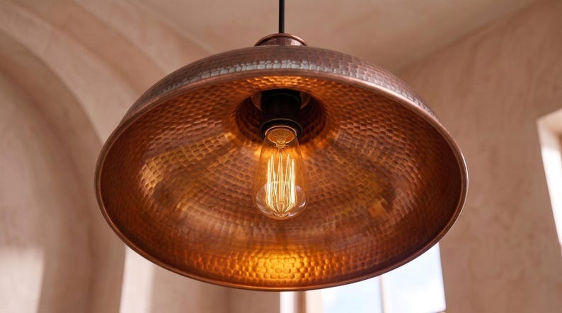 Handmade Moroccan Brass Pendant Light – Large Hammered Dome Ceiling Lamp with Antique Copper Finish, Wide Flared Shade & Warm Industrial Downlight
