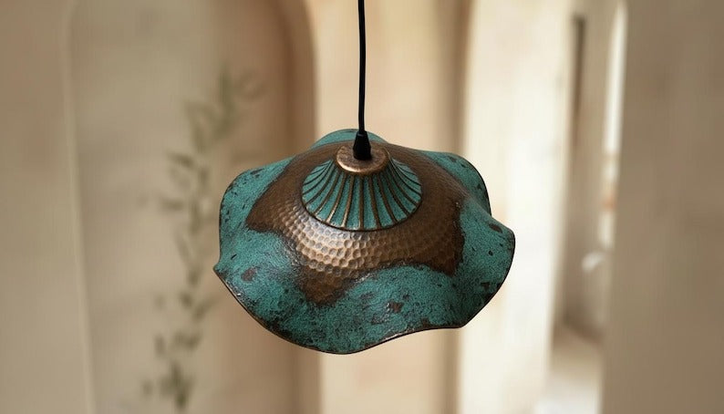 Handmade Moroccan Brass Pendant Light – Wavy Flower-Shaped Verdigris Ceiling Lamp with Hammered Copper Details
