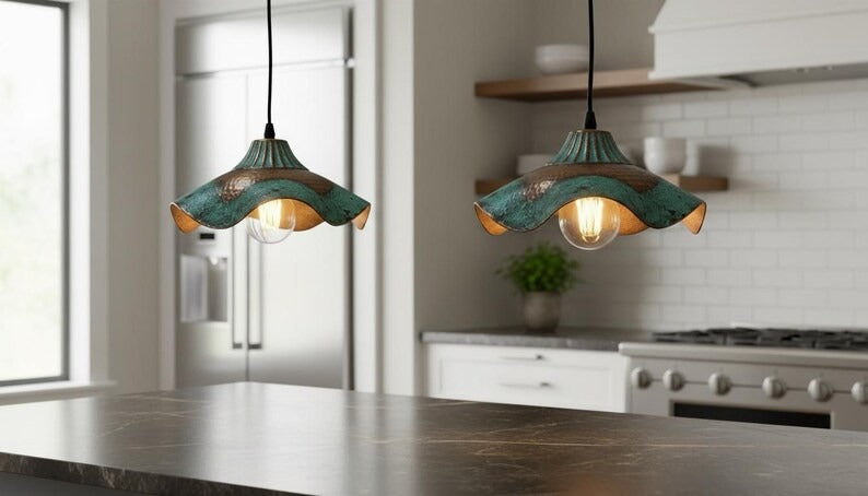 Handmade Moroccan Brass Pendant Light – Wavy Flower-Shaped Verdigris Ceiling Lamp with Hammered Copper Details