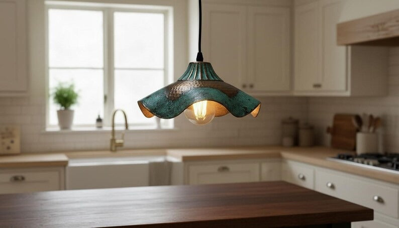 Handmade Moroccan Brass Pendant Light – Wavy Flower-Shaped Verdigris Ceiling Lamp with Hammered Copper Details