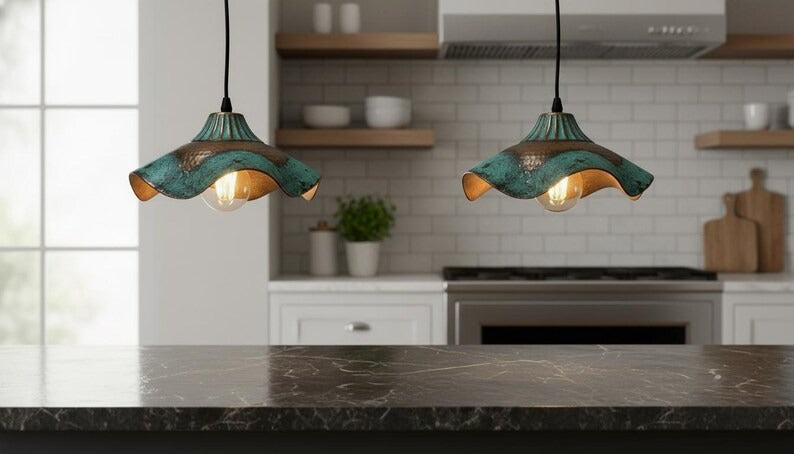 Handmade Moroccan Brass Pendant Light – Wavy Flower-Shaped Verdigris Ceiling Lamp with Hammered Copper Details