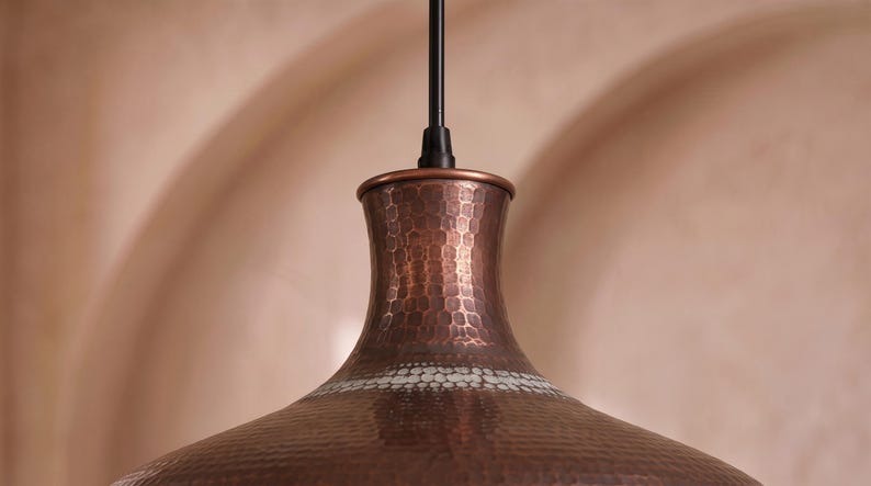 Handmade Moroccan Brass Pendant Light – Large Hammered Dome Ceiling Lamp with Antique Copper Finish, Wide Flared Shade & Warm Industrial Downlight