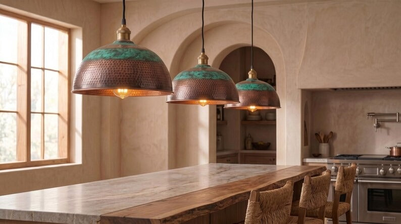 Handmade Moroccan Brass Pendant Light – Hammered Dome Ceiling Lamp with Verdigris Green Patina, Antique Copper Finish & Warm Downlight