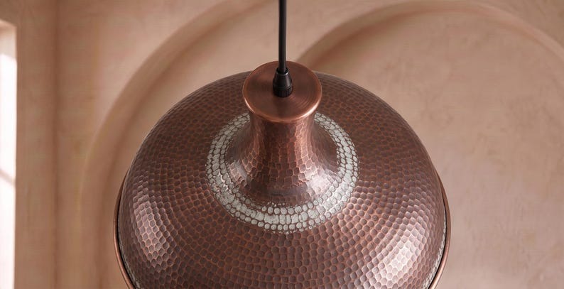 Handmade Moroccan Brass Pendant Light – Large Hammered Dome Ceiling Lamp with Antique Copper Finish, Wide Flared Shade & Warm Industrial Downlight