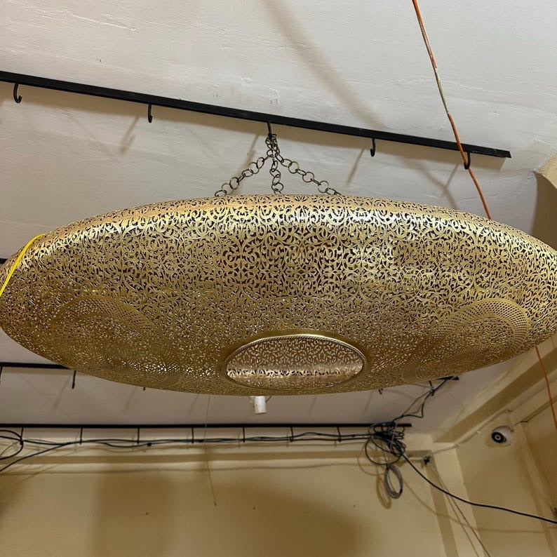 Large Moroccan Pierced Brass Oval Pendant Light, Handmade Moorish Filigree Chandelier, Boho Arabic Shadow Lamp, Luxury Gold Ceiling Light Fixture