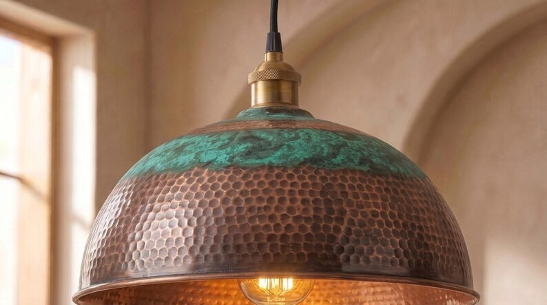 Handmade Moroccan Brass Pendant Light – Hammered Dome Ceiling Lamp with Verdigris Green Patina, Antique Copper Finish & Warm Downlight