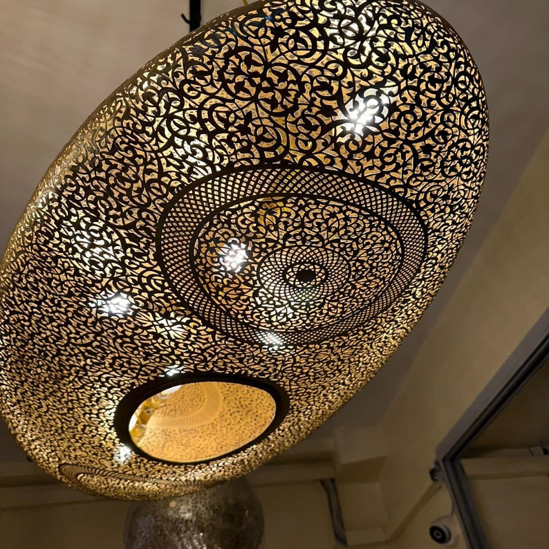 Large Moroccan Pierced Brass Oval Pendant Light, Handmade Moorish Filigree Chandelier, Boho Arabic Shadow Lamp, Luxury Gold Ceiling Light Fixture