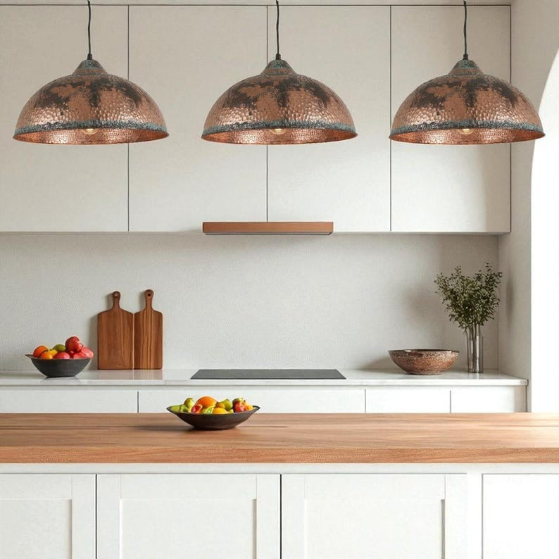 Handmade Moroccan Brass Pendant Light – Oversized Hammered Dome Ceiling Lamp with Antique Copper Finish, Verdigris Patina & Rustic Aged Texture
