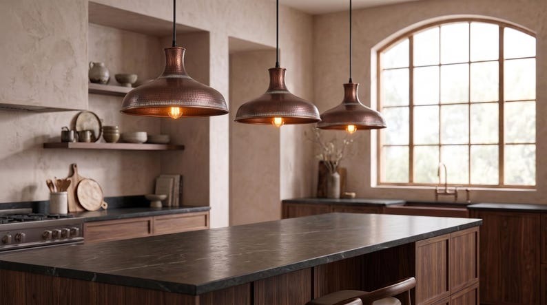 Handmade Moroccan Brass Pendant Light – Large Hammered Dome Ceiling Lamp with Antique Copper Finish, Wide Flared Shade & Warm Industrial Downlight
