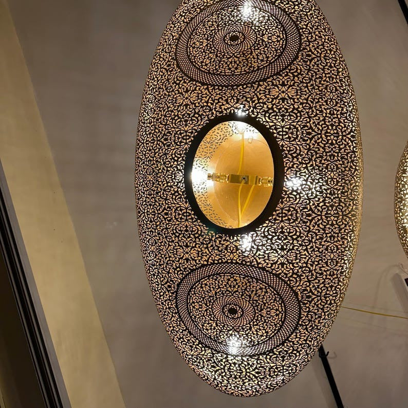 Large Moroccan Pierced Brass Oval Pendant Light, Handmade Moorish Filigree Chandelier, Boho Arabic Shadow Lamp, Luxury Gold Ceiling Light Fixture