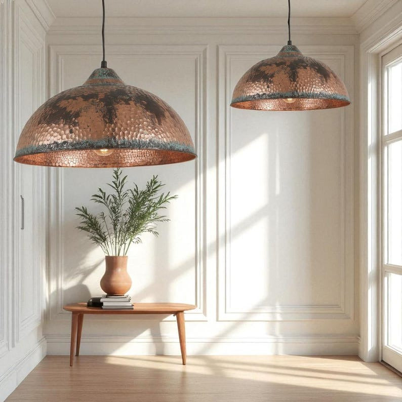 Handmade Moroccan Brass Pendant Light – Oversized Hammered Dome Ceiling Lamp with Antique Copper Finish, Verdigris Patina & Rustic Aged Texture