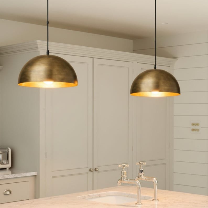 Handmade Brass Dome Pendant Light, Minimalist Brushed Brass Kitchen Island Hanging Lamp, Modern Moroccan Brass Ceiling Light Fixture, Rustic Farmhouse Dining Room Pendant Chandelier