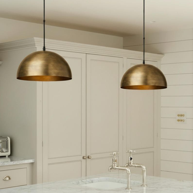 Handmade Brass Dome Pendant Light, Minimalist Brushed Brass Kitchen Island Hanging Lamp, Modern Moroccan Brass Ceiling Light Fixture, Rustic Farmhouse Dining Room Pendant Chandelier