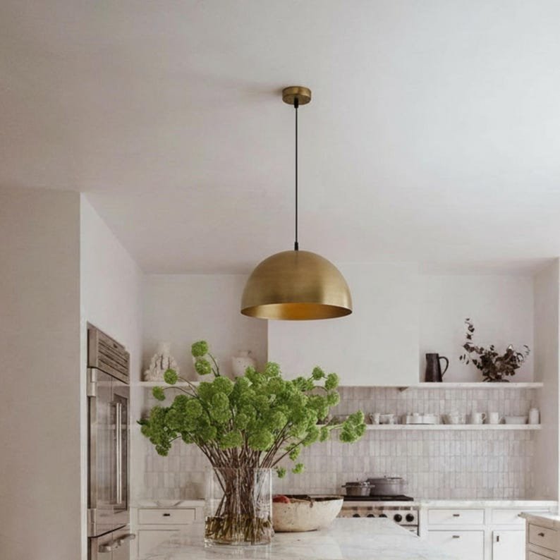 Handmade Brass Dome Pendant Light, Minimalist Brushed Brass Kitchen Island Hanging Lamp, Modern Moroccan Brass Ceiling Light Fixture, Rustic Farmhouse Dining Room Pendant Chandelier