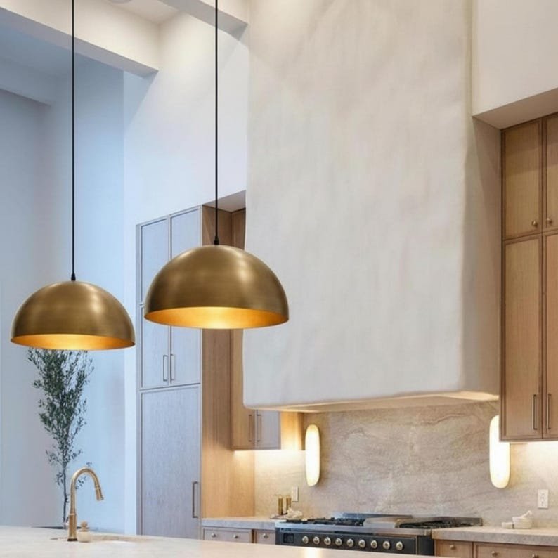 Handmade Brass Dome Pendant Light, Minimalist Brushed Brass Kitchen Island Hanging Lamp, Modern Moroccan Brass Ceiling Light Fixture, Rustic Farmhouse Dining Room Pendant Chandelier