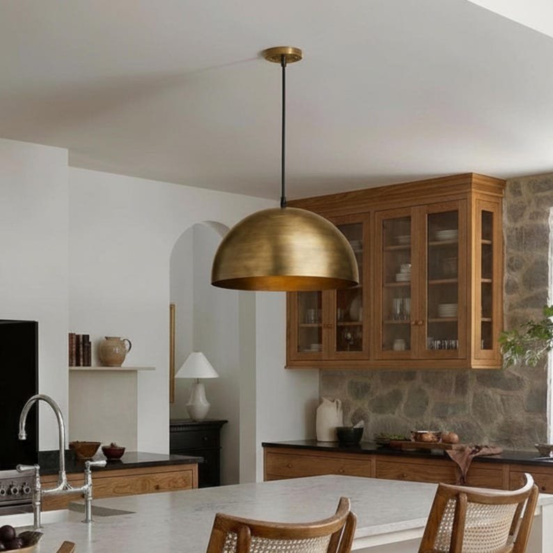 Handmade Brass Dome Pendant Light, Minimalist Brushed Brass Kitchen Island Hanging Lamp, Modern Moroccan Brass Ceiling Light Fixture, Rustic Farmhouse Dining Room Pendant Chandelier