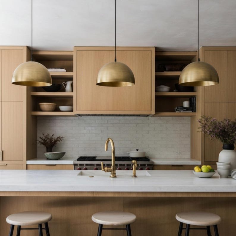 Handmade Brass Dome Pendant Light, Minimalist Brushed Brass Kitchen Island Hanging Lamp, Modern Moroccan Brass Ceiling Light Fixture, Rustic Farmhouse Dining Room Pendant Chandelier