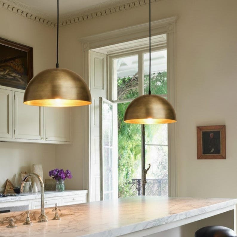 Handmade Brass Dome Pendant Light, Minimalist Brushed Brass Kitchen Island Hanging Lamp, Modern Moroccan Brass Ceiling Light Fixture, Rustic Farmhouse Dining Room Pendant Chandelier