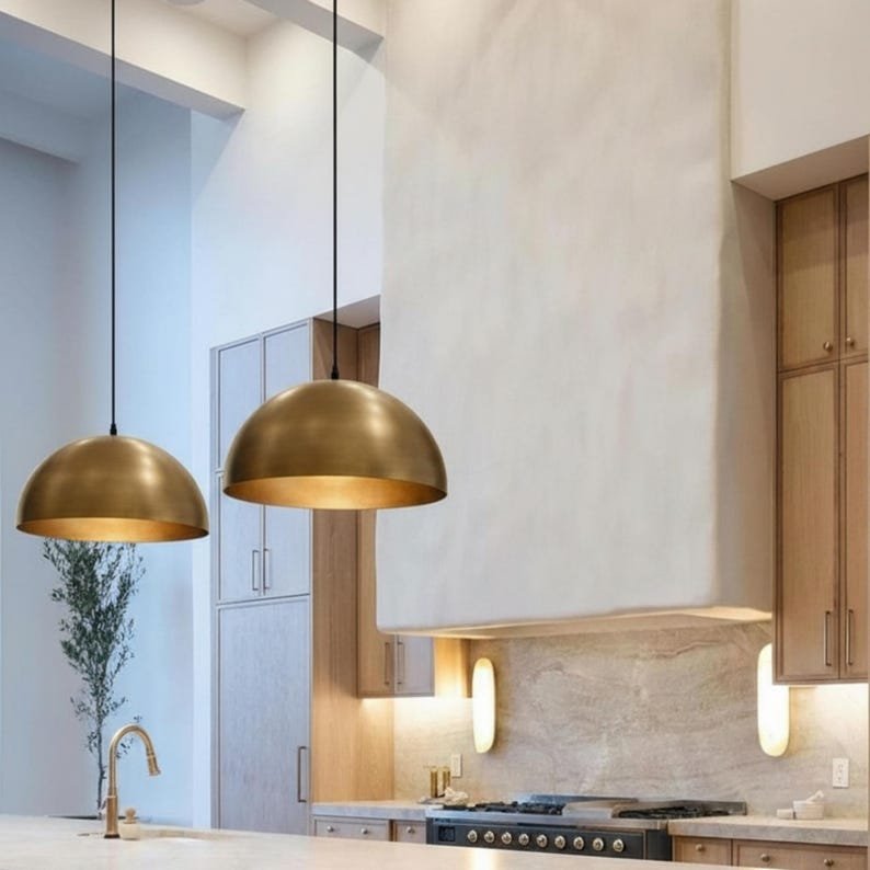 Handmade Brass Dome Pendant Light, Minimalist Brushed Brass Kitchen Island Hanging Lamp, Modern Moroccan Brass Ceiling Light Fixture, Rustic Farmhouse Dining Room Pendant Chandelier