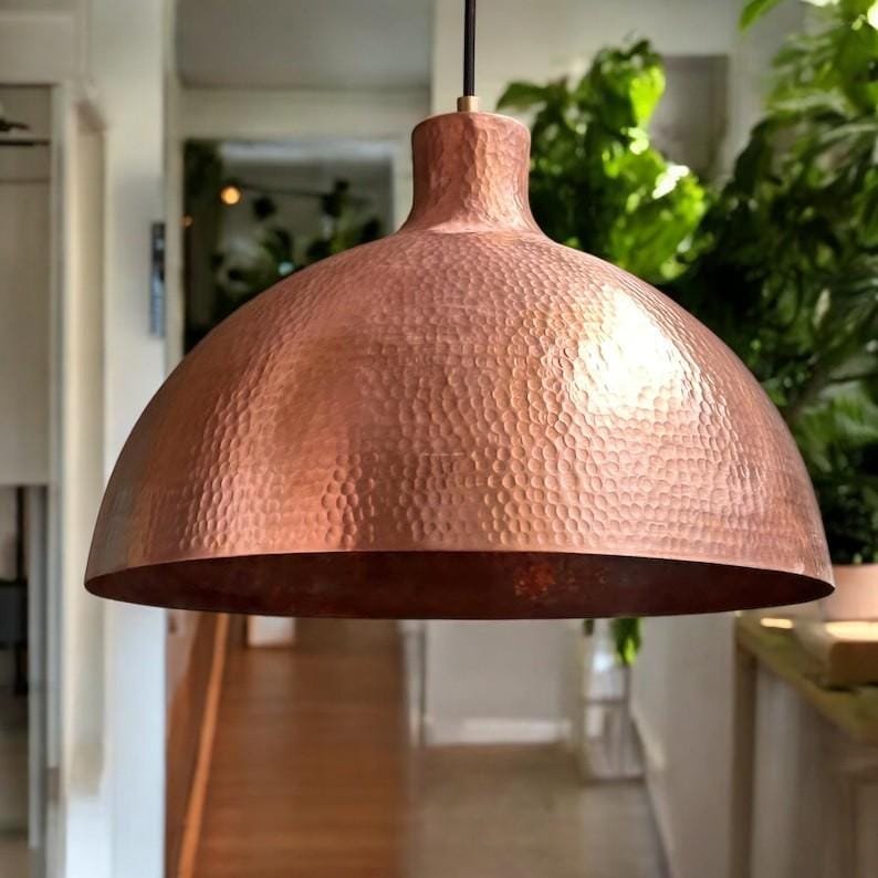 Large Hammered Copper Dome Pendant Light, Handmade Moroccan Copper Kitchen Island Chandelier, Rustic Rose Copper Hanging Lamp, Boho Farmhouse Ceiling Light Fixture