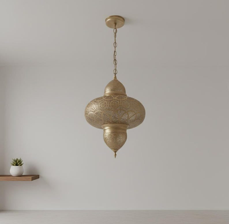 Moroccan Pierced Brass Chandelier Pendant Light, Handmade Moorish Filigree Lantern, Boho Arabic Shadow Lamp, Rustic Gold Ceiling Light Fixture