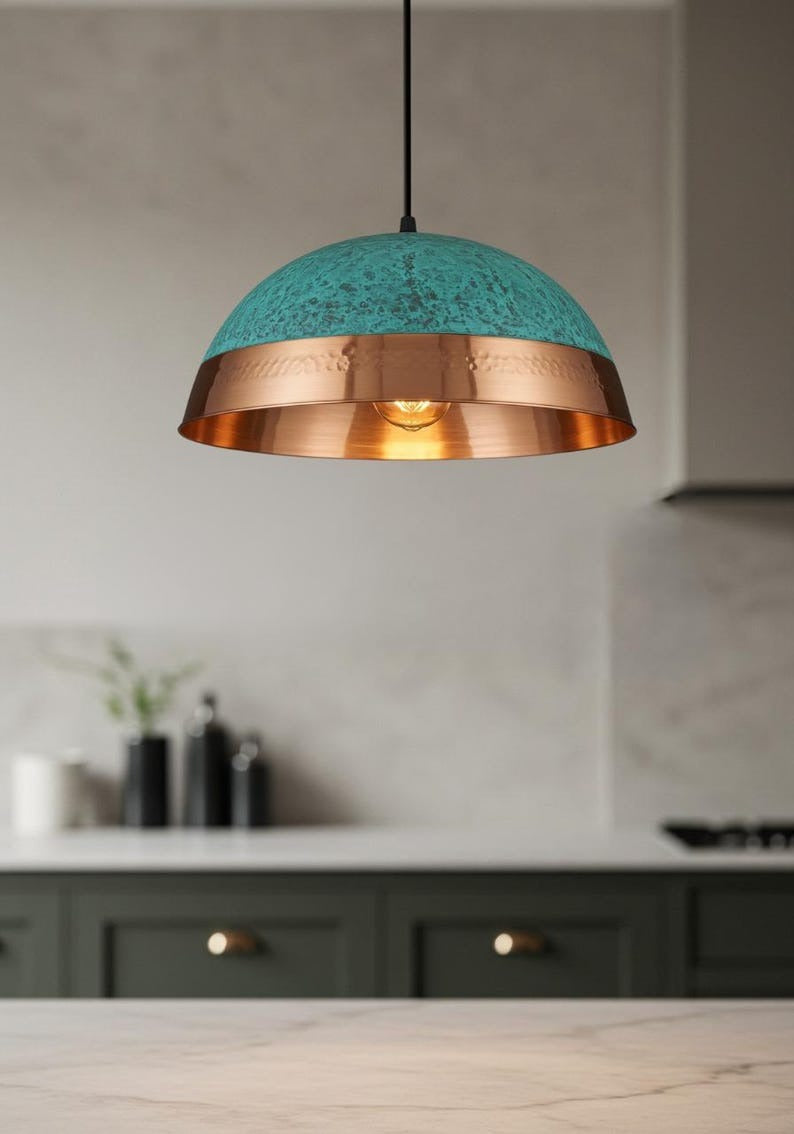 Pierced Brass Dome Pendant Light – Copper & Turquoise Verdigris Kitchen Island Chandelier