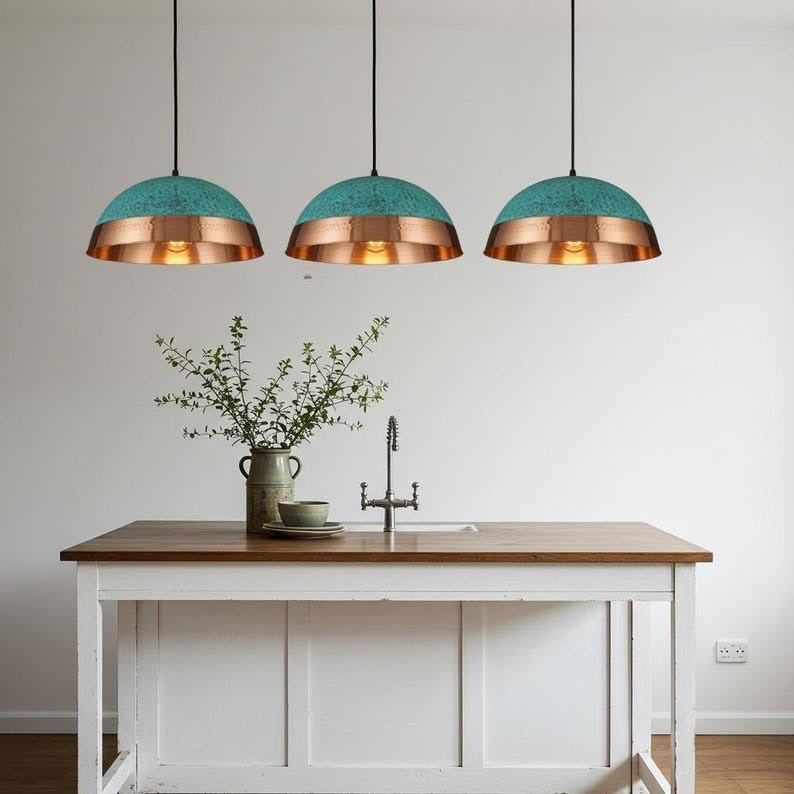 Pierced Brass Dome Pendant Light – Copper & Turquoise Verdigris Kitchen Island Chandelier