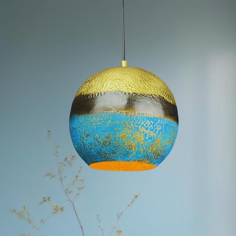 Moroccan Brass Multicolor Patina Globe Pendant Light, Handmade Hammered Brass Hanging Lamp, Boho Blue Gold Black Kitchen Island Chandelier, Rustic Artisan Ceiling Light Fixture